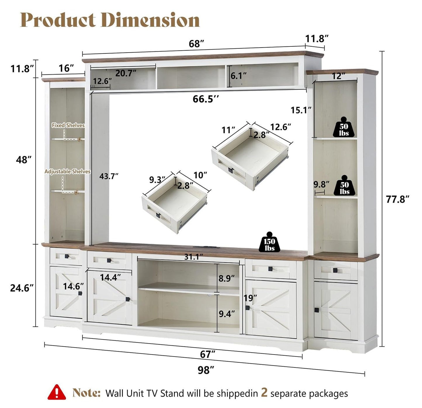AMERLIFE 98" Farmhouse Wall Unit Entertainment Center with Bookshelves, Wine Cabinet, Fits 75" TVs, Rustic Media Console for Living Room, Large TV Stand with Power Outlets & Barn Door, Off-White