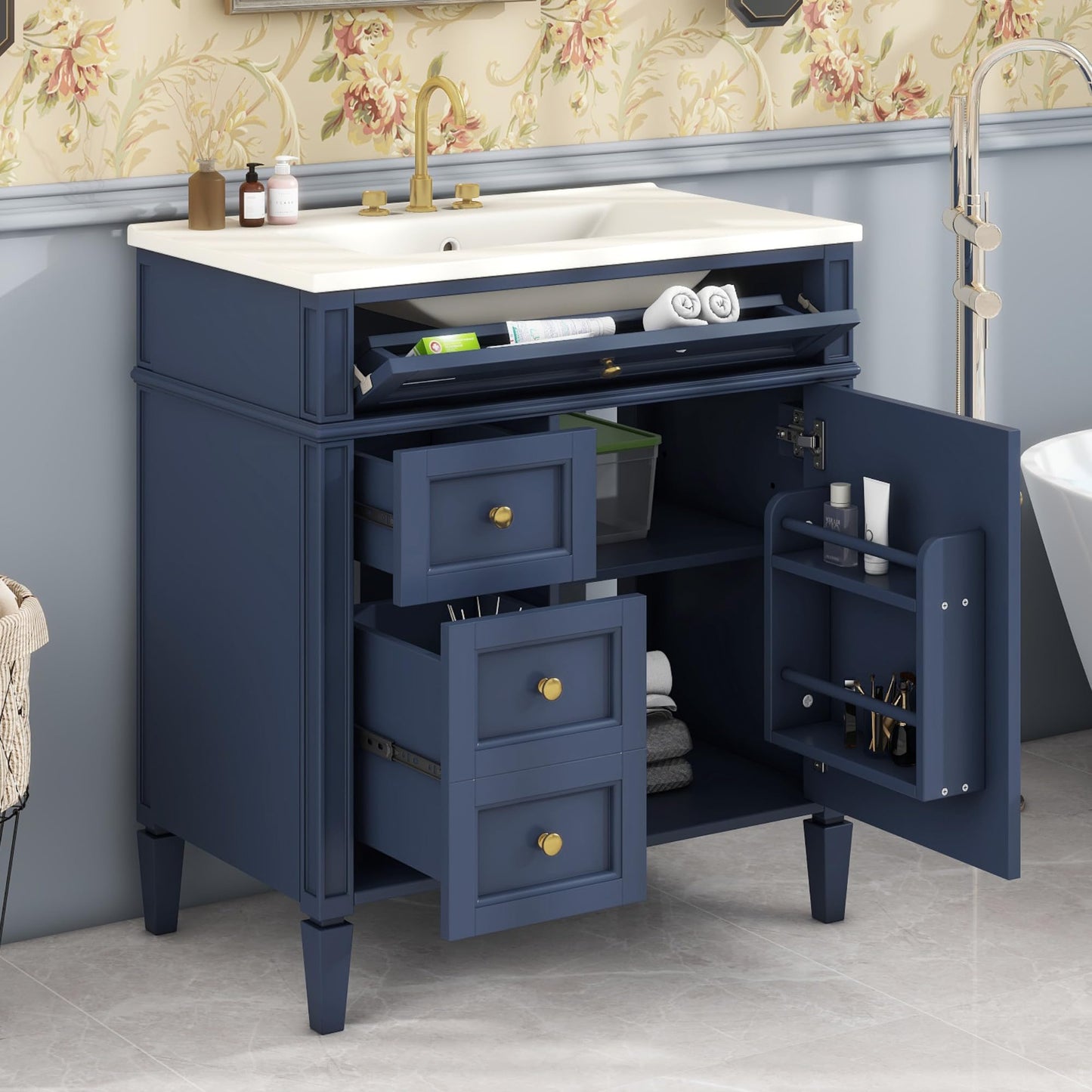 Merax 30 Inch Bathroom Vanity with Ceramic Sink, Solid Wood Frame Modern Bathroom Sink Storage Cabinet with 2 Drawers and a Tip-Out Drawer, Single Sink Bathroom Vanities, Navy Blue