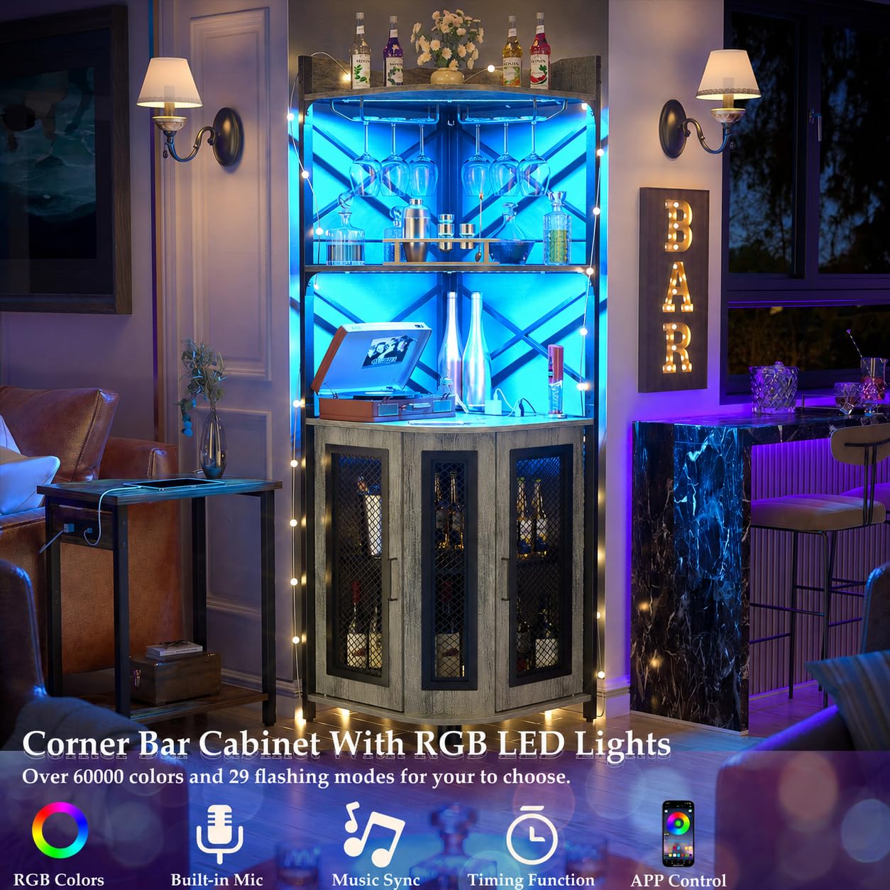 Aheaplus Corner Bar Cabinet with Power Outlet, Industrial Wine Cabinet with LED Strip and Glass Holder, 5-Tiers Liquor Cabinet Bar Unit for Home, Corner Display Cabinet for Small Space, White Oak