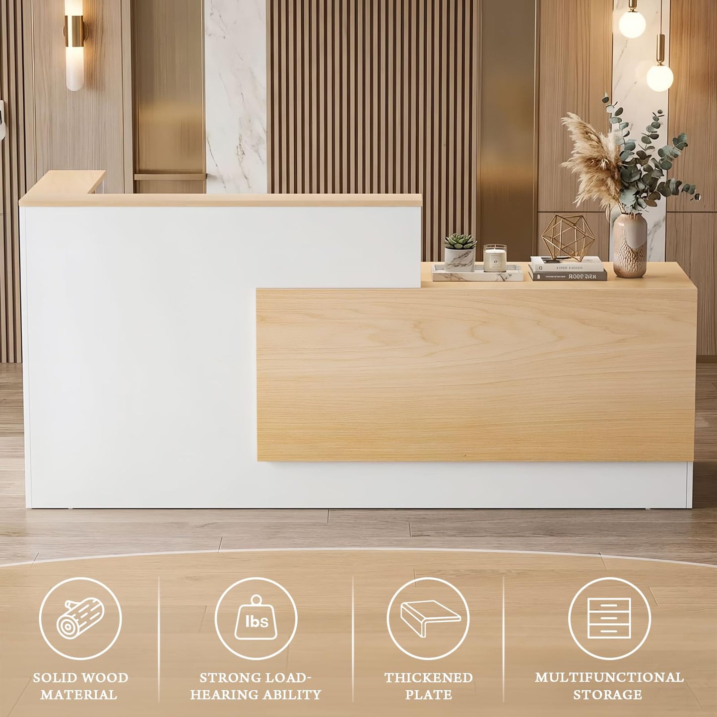 kaiwrxin L-Shaped Modern Reception Desk with Counter & Storage - 71" Large Office Front Desk, Salon Checkout Counter with Lockable Cabinets, Shelves (Oak & White, Right - 71''L x 34''W x 41''H)