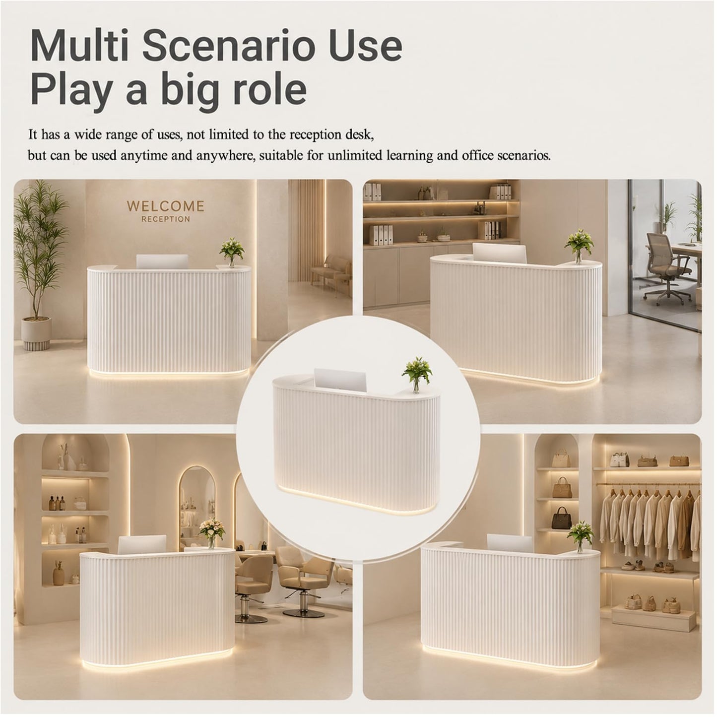 Modern Curved Reception Desk 47 Inch, LED Light Reception Counter with Power Outlet, Lockable Drawer Storage Cabinet for Salon Office Lobby Retail Store