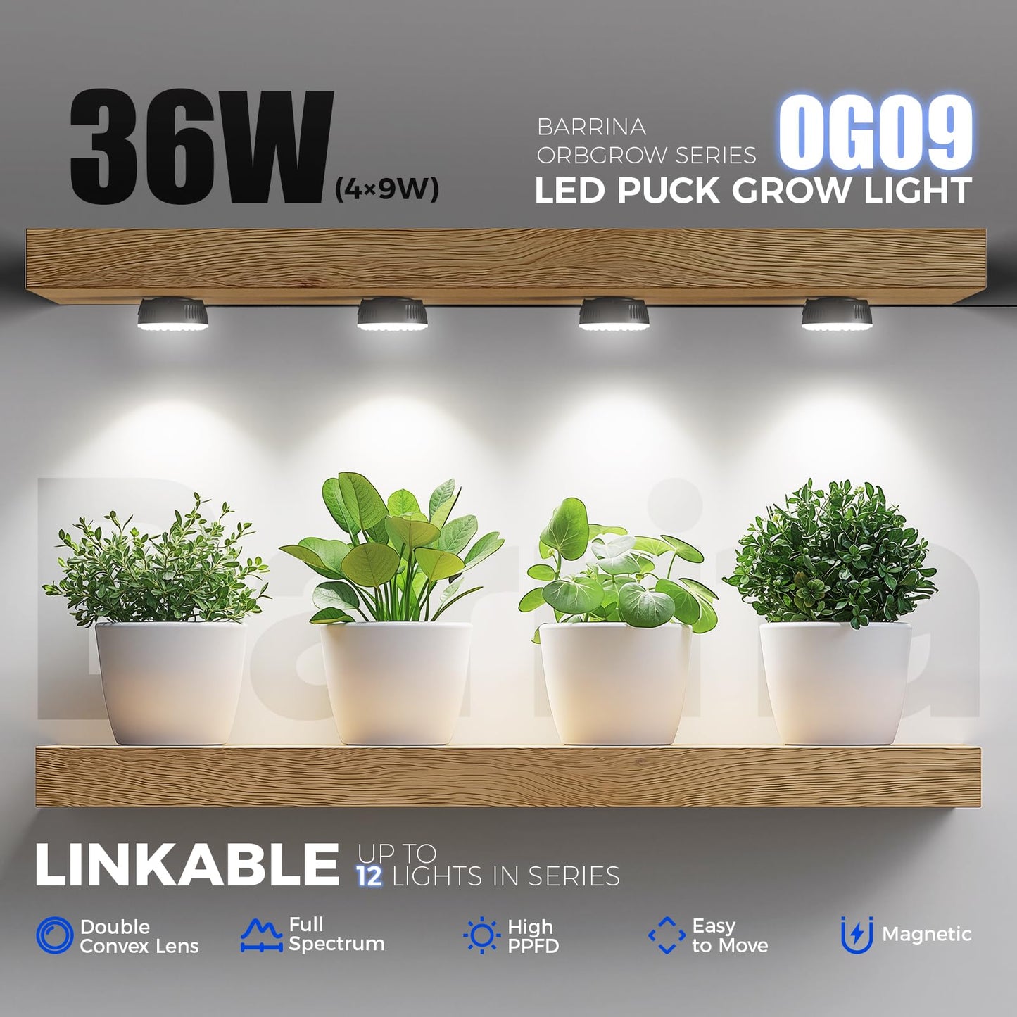 Barrina LED Grow Light Puck, 5000K, 36W (4 x 9W), Aluminum, Model OG09-B4, 4 Packs, Linkable, Full Spectrum,