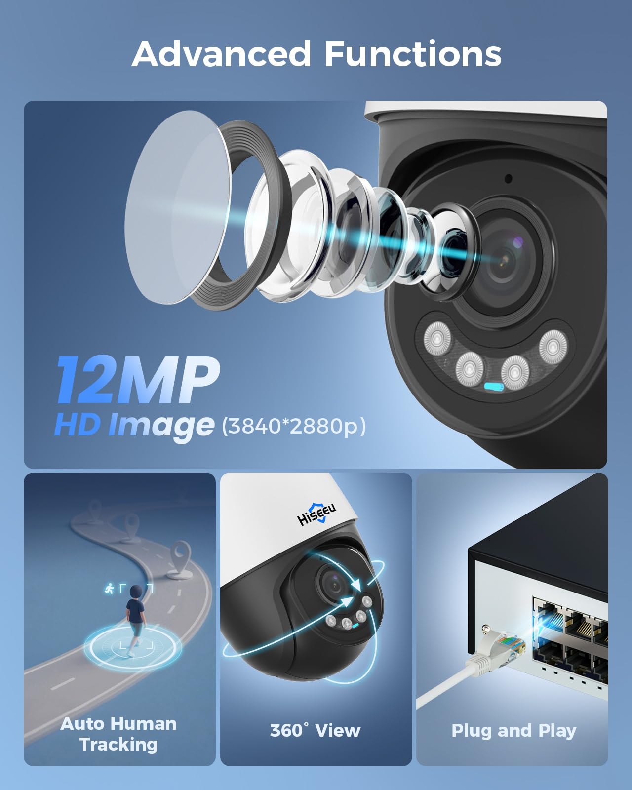 [12MP +Human Tracking] Hiseeu 12MP PoE PTZ Security Camera System, 8 Pcs Wired Security Cameras, 360°View, 2 Way Audio, 0 Monthly Fee, 4TB HDD 8 Port 16Ch PoE NVR，Home CCTV Surveillance Outdoor&Indoor