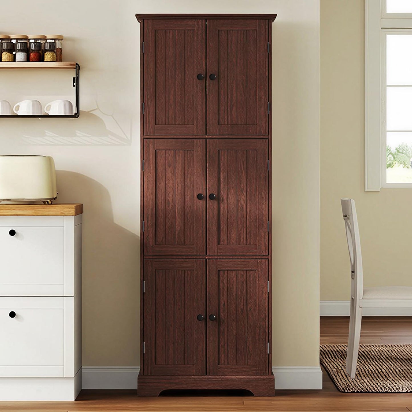 ChooChoo Tall Bathroom Storage Cabinet with 6 Doors, Freestanding Floor Cabinet with Adjustable Shelves, Rustic Walnut Pantry Cabinet for Bathroom, Kitchen, Laundry Room