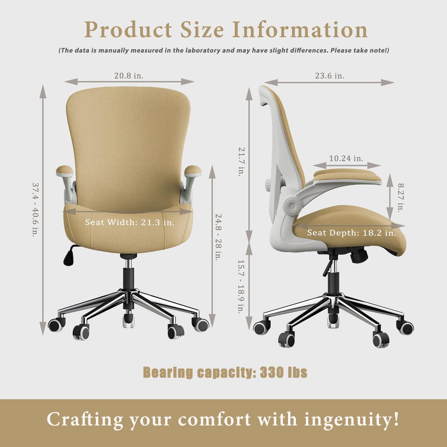 VOTRENIX Kahki Ergonomic Office Desk Chair, Soft Fabric Thickened Curved seat Cushion with Adjustable Lumbar Support, Perfect Blend of Comfort and Good Looks, Ideal Chair for Home or Office, Khaki
