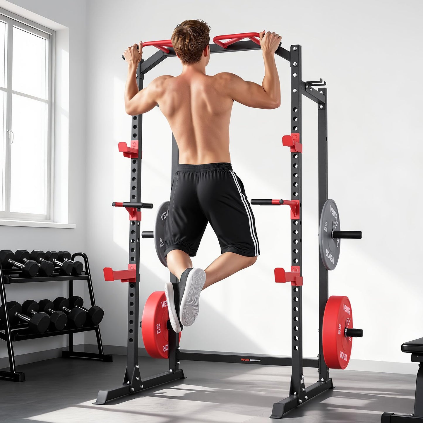 VEVOR Power Cage Power Rack, Multifunctional Barbell Squat Rack with Adjustable Height, Home Gym Strength Training Workout Equipment with J-Hooks & More Fitness Attachment for Bench Press Pull-Up Dips