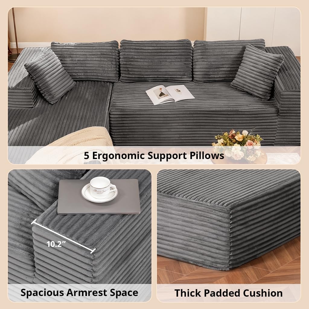 COMHOMA 105”Modular Sectional Sofa with Deep Seat,Cloud Upholstered L-Shape Boneless Couch Wide Arms Corduroy Fabric High-Density Foam Chaise Lounge for Living Room No Assembly Required,Dark Grey