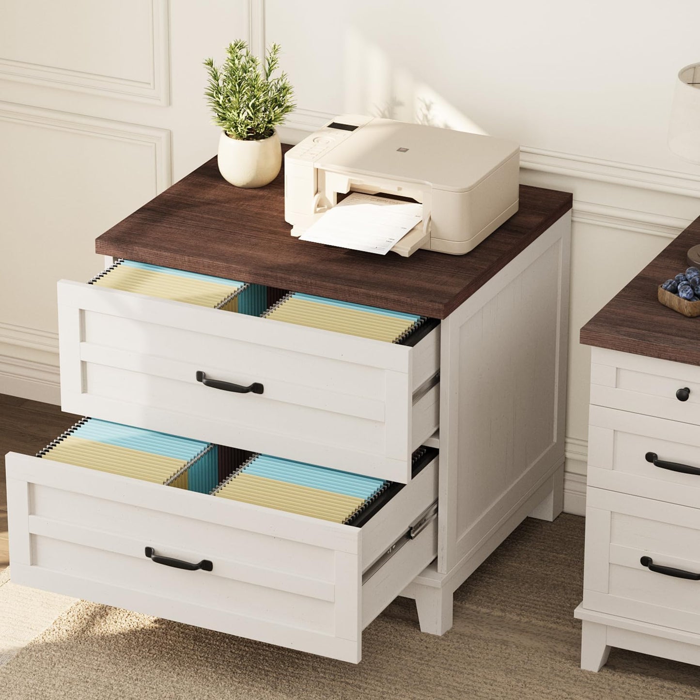 IDEALHOUSE Farmhouse Lateral File Cabinet with 2 Full Extened Drawers, Filing Storage Cabinet for Legal, Letter & A4 Files, Office Organizer w/Thick Desktop, for Home Office, Rustic Brown White