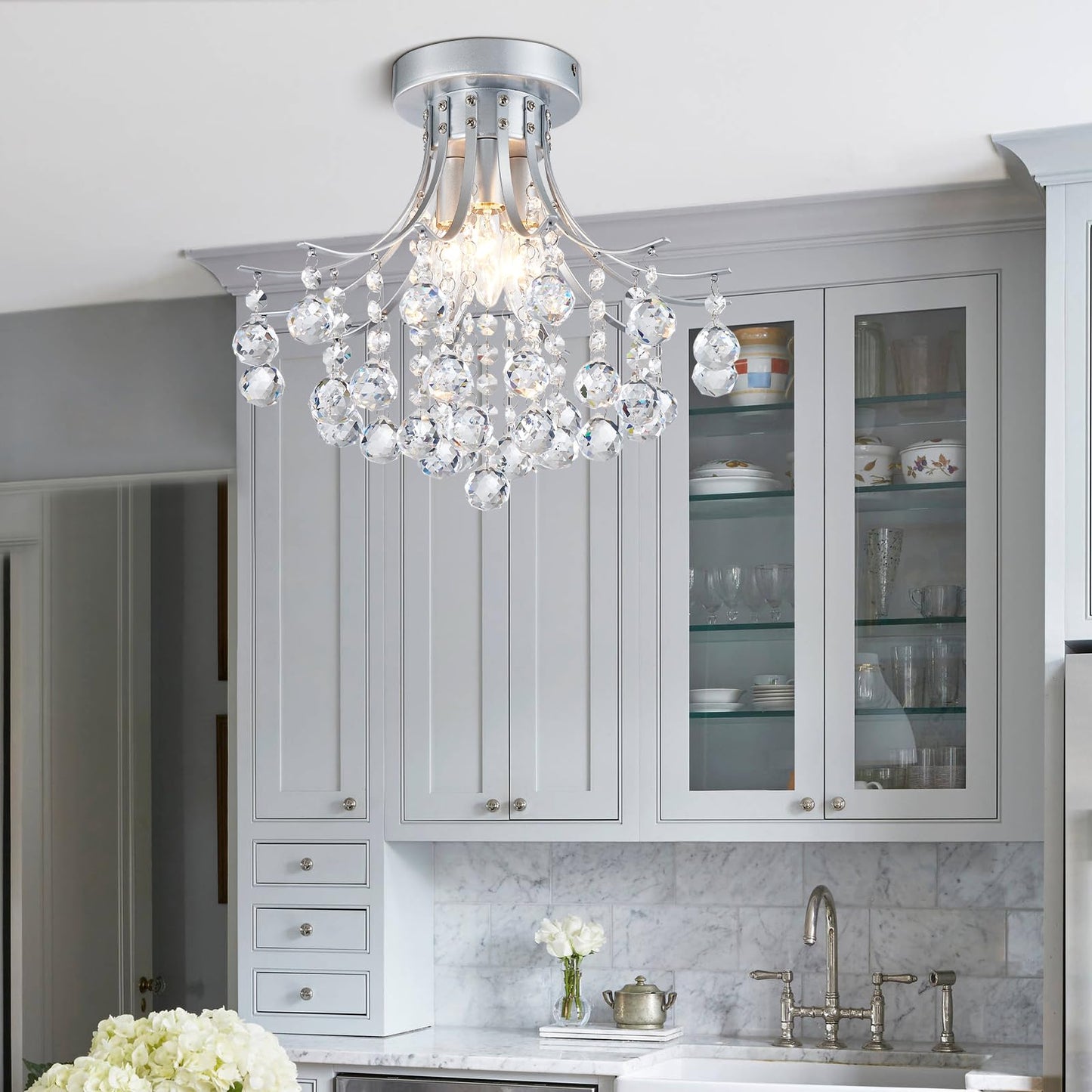 Bestier Modern Silver Crystal Semi-Flush Mount Chandelier, 13.5in D x 11.6in H, Requires 3 E12 Bulbs, for Dining Room/Bathroom/