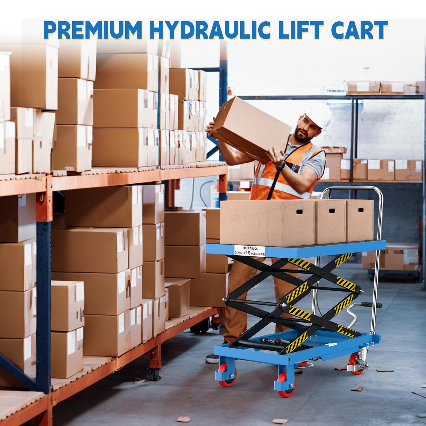 Hydraulic Lift Table Cart, Double Scissor Lift, 330 Lbs Capacity, 50" Height with Non-Slip Pad, 4 Safety Bumper PU Wheels, Ideal for Home, Garage, Supermarket, Factory, Warehouse, Construction
