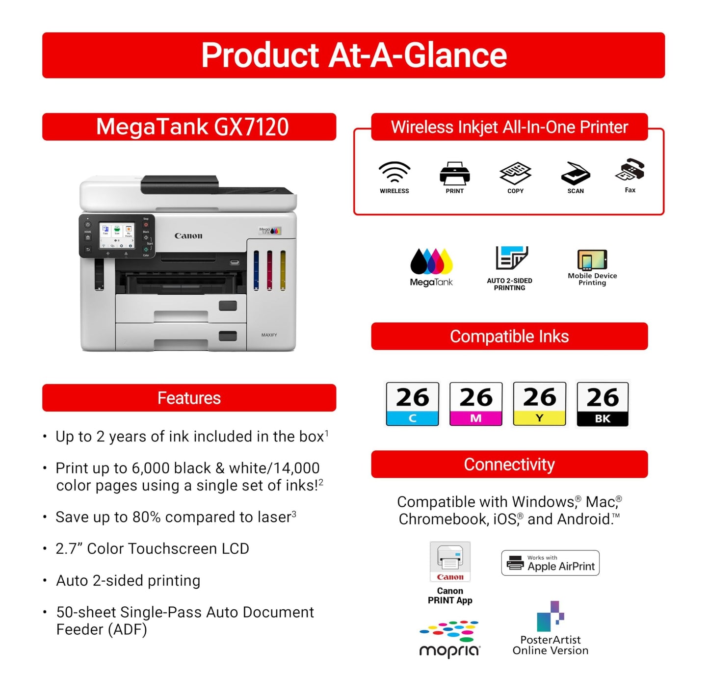 Canon Megatank GX6120 Wireless All-in-One Printer, Print, Scan and Copy, with 2.7" LCD Touch Screen and Auto Document Feeder, White