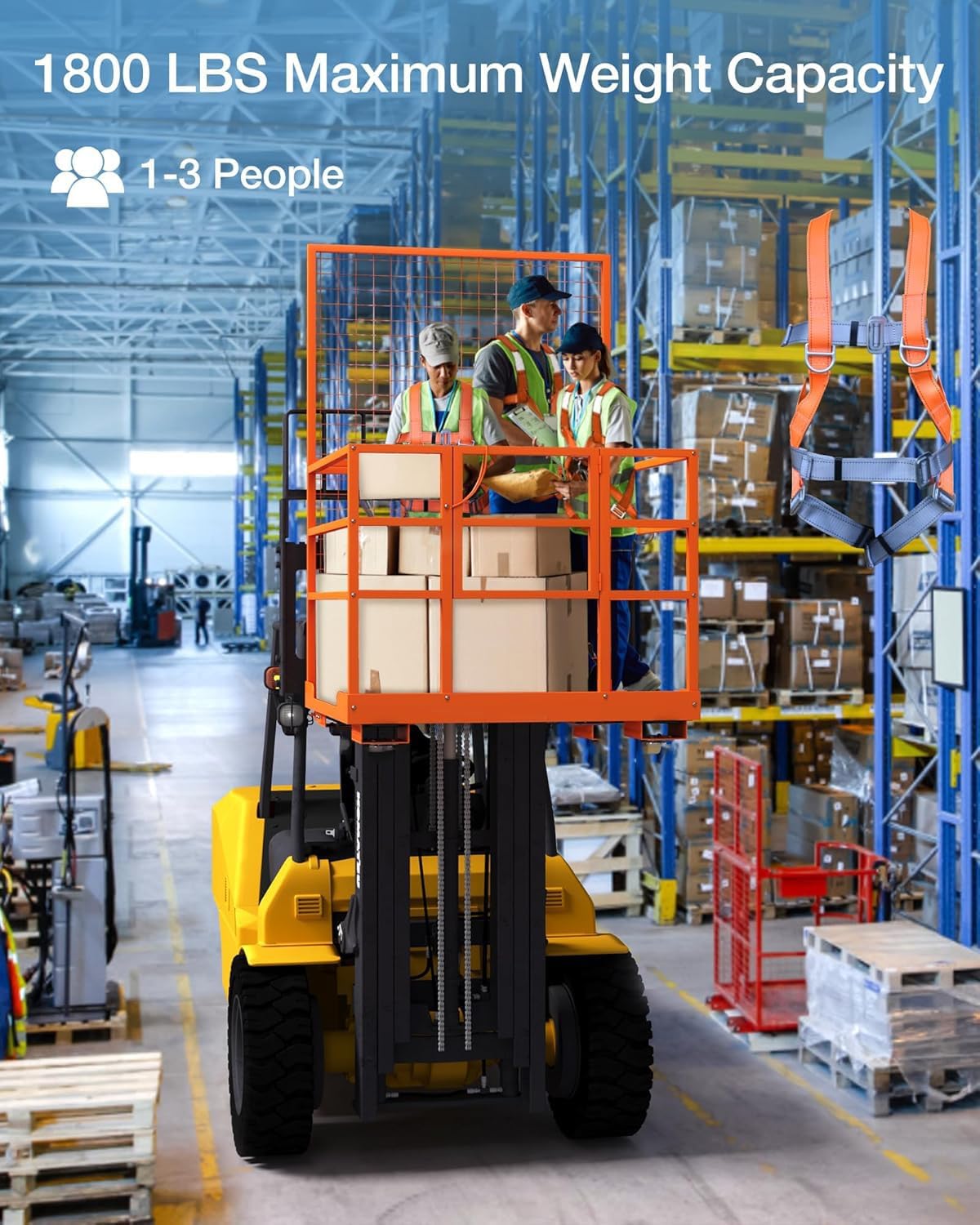 43x45 in Forklift Safety Cage Man Basket, 1800 LB Capacity, Heavy Duty Steel Forklift Work Platform with Railing & Wheels for Warehouse Factory Maintenance, Orange