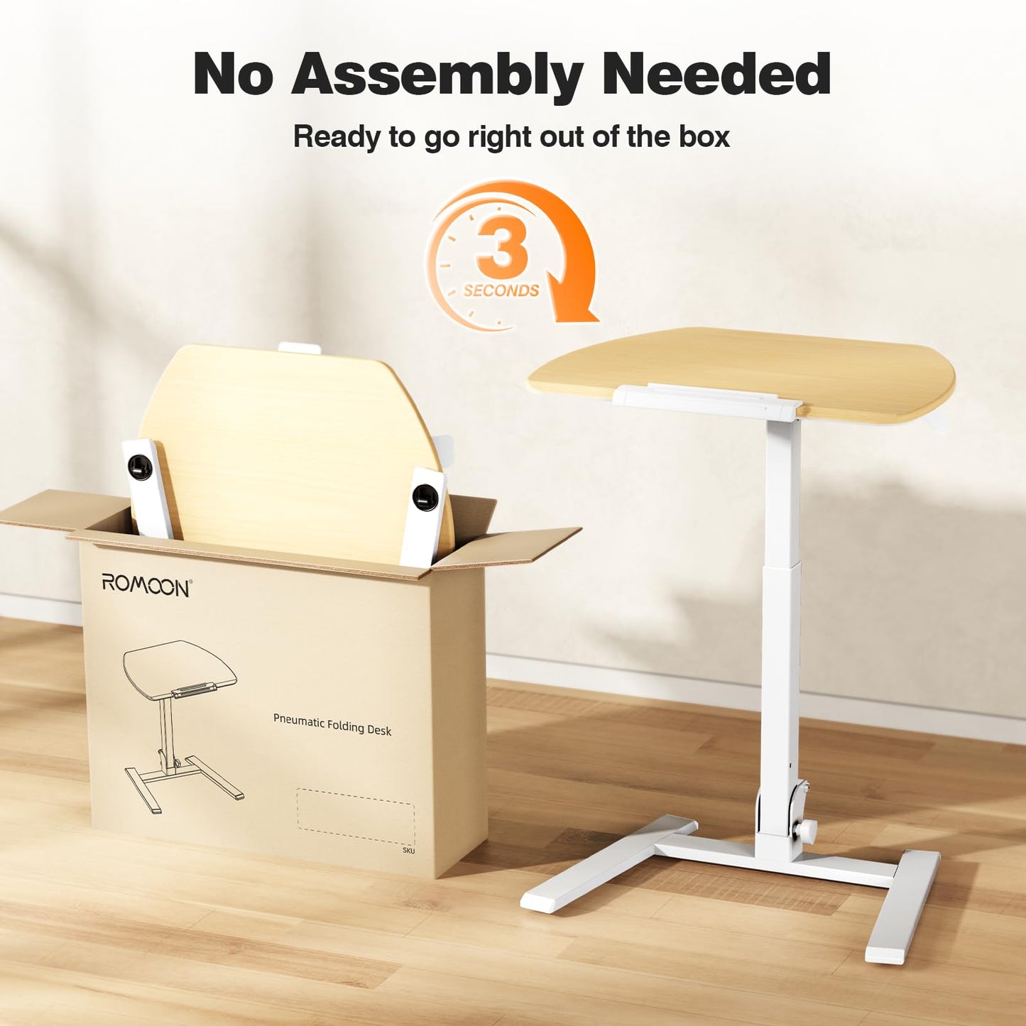 ROMOON Foldable Small Standing Desk with No-Assembly Design, Rolling Height-Adjustable Sit-Stand Table with Wheels, Space-Saving Portable Laptop Cart for Home Office and Small Space (Natural Oak)