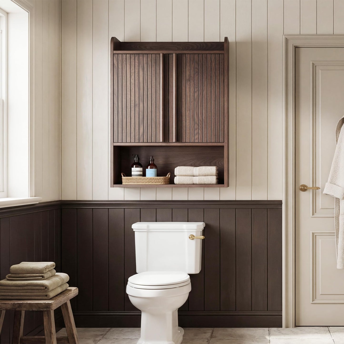 VANIRROR Fluted Wall Cabinet 33" H, Mid-Century Modern Dark Wood Bathroom Cabinet Over Toilet, Medicine Cabinet Storage with Doors & Open Shelf for Kitchen, Laundry Room and Entryway