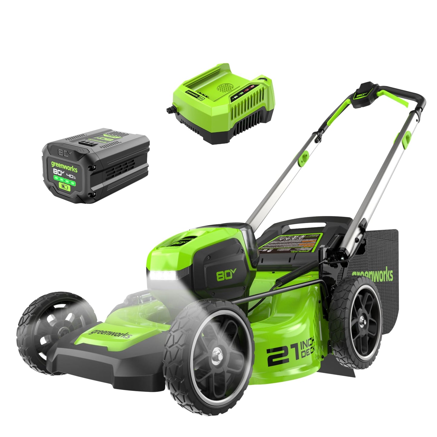 Greenworks 80V 21" Cordless Push Lawn Mower – Brushless Motor, LED Lights, 4.0Ah Battery & Rapid Charger (75+ Compatible Tools)