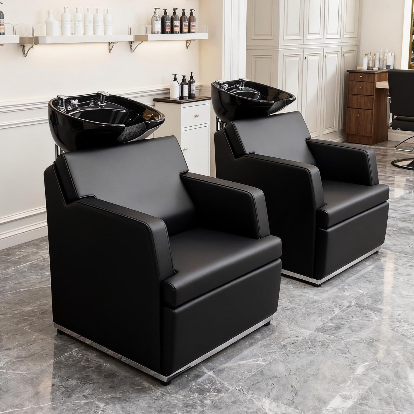 OmySalon Shampoo Bowls for Salon, Black Shampoo Chair with Tilting Porcelain Sink, Hair Washing Station Backwash Barber Chair, Shampoo Unit for Beauty Spa Barbershop
