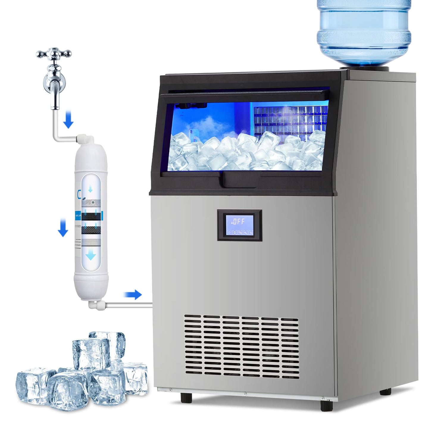 Garvee Commercial Ice Machine, 100 LBS/24h Ice Maker with 2 Water Inlet Modes, 50Pcs/Cycle, 33 LBS Storage Bin, Ice Machine for Home Bar, Coffee Shop, Business