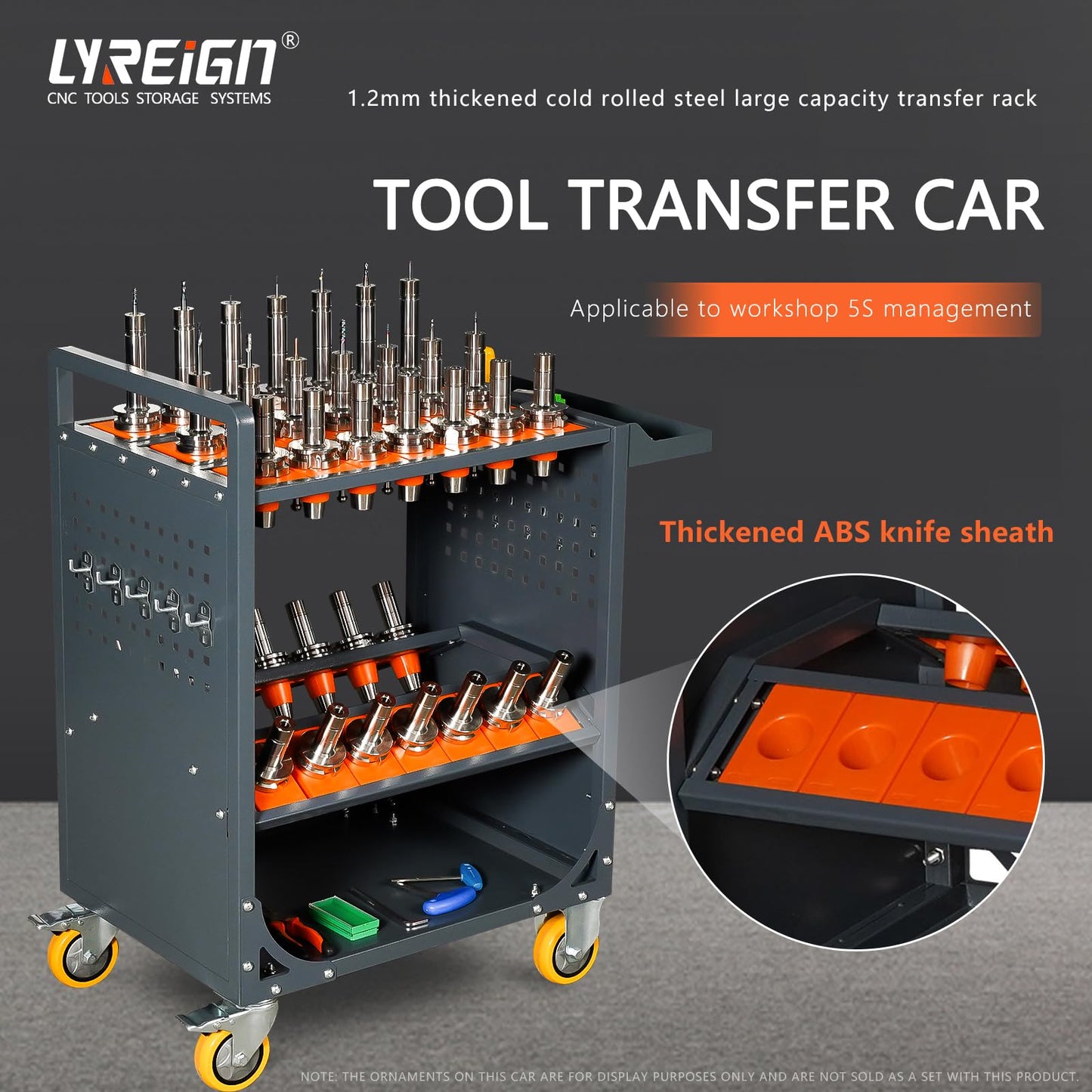 LYREIGN Grey Classic 40 Taper CNC Tool Holder Transfer Cart, 35 Capacity CAT/BT40 Service Carts with Wheels Heavy Duty, Multi-Function Workshop CNC Tool Trolley
