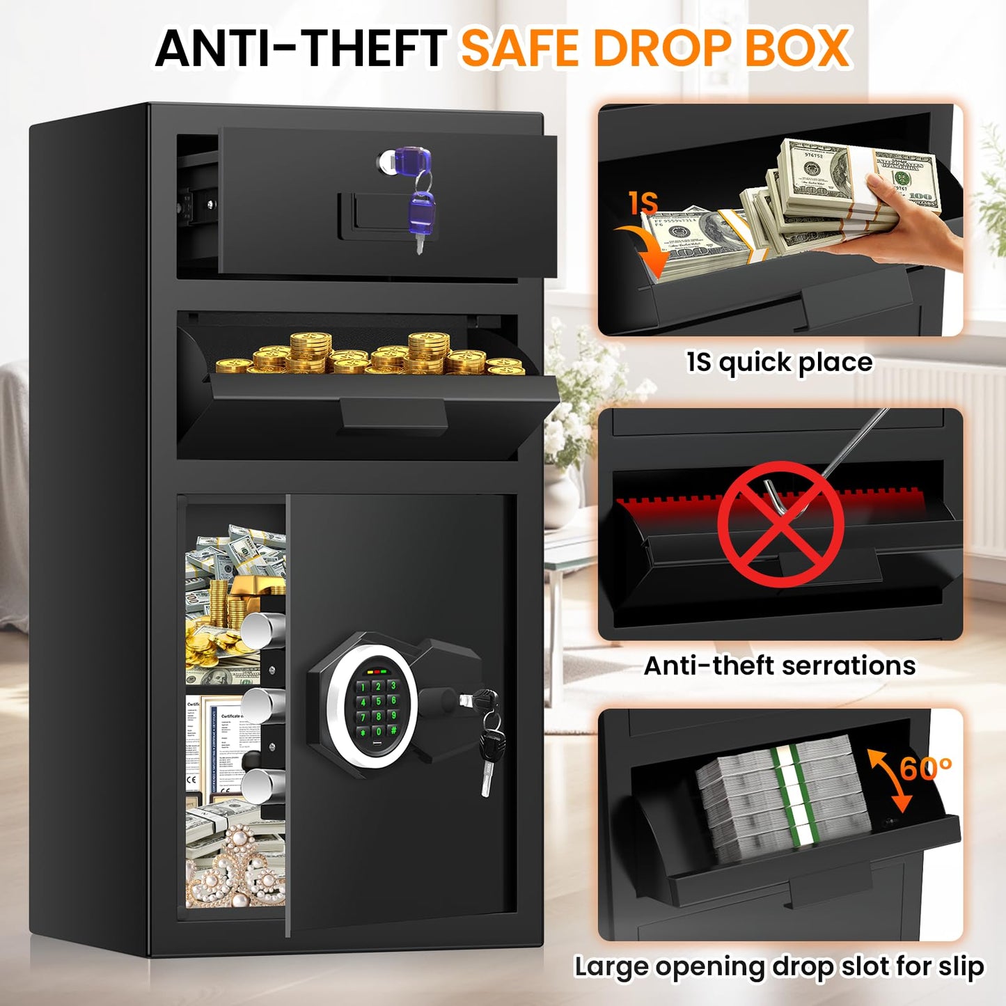 7.5 Cub Large Drop Safe for Business, Anti-Theft Depository Safe Box with Quick Place Drop Slot, Drawer, Digital Keypad, Spare Key, Heavy-duty Cash Drop Safes for Commercial Bussiness Retail Office