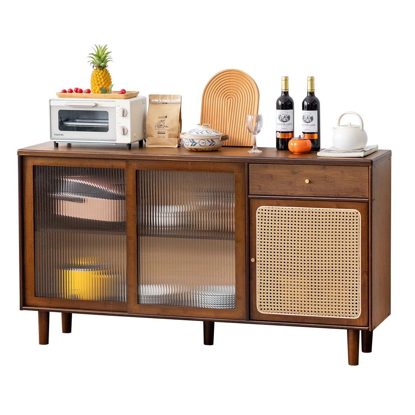 Tiita Bamboo Sideboard Buffet Cabinet, Rattan Kitchen Storage Cabinet with Drawer, Boho Coffee Bar Tables for Kitchen Hallway Office, Walnut