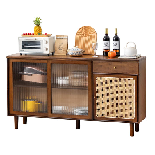 Tiita Bamboo Sideboard Buffet Cabinet, Rattan Kitchen Storage Cabinet with Drawer, Boho Coffee Bar Tables for Kitchen Hallway Office, Walnut