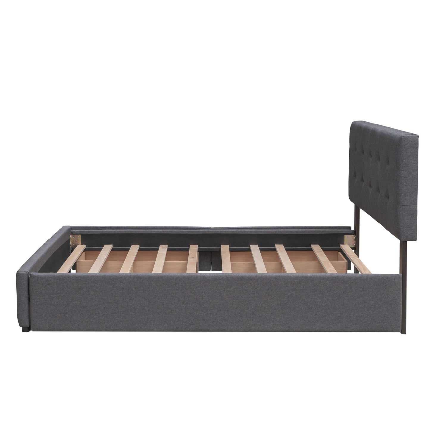 Ball & Cast Queen Size Bed Frame with 2 Drawers and 1 Twin XL Trundle, Linen Upholstered Platform Bed with Button Tufted Headboard and Wood Slats Support, No Box Spring Needed,Dark Gray
