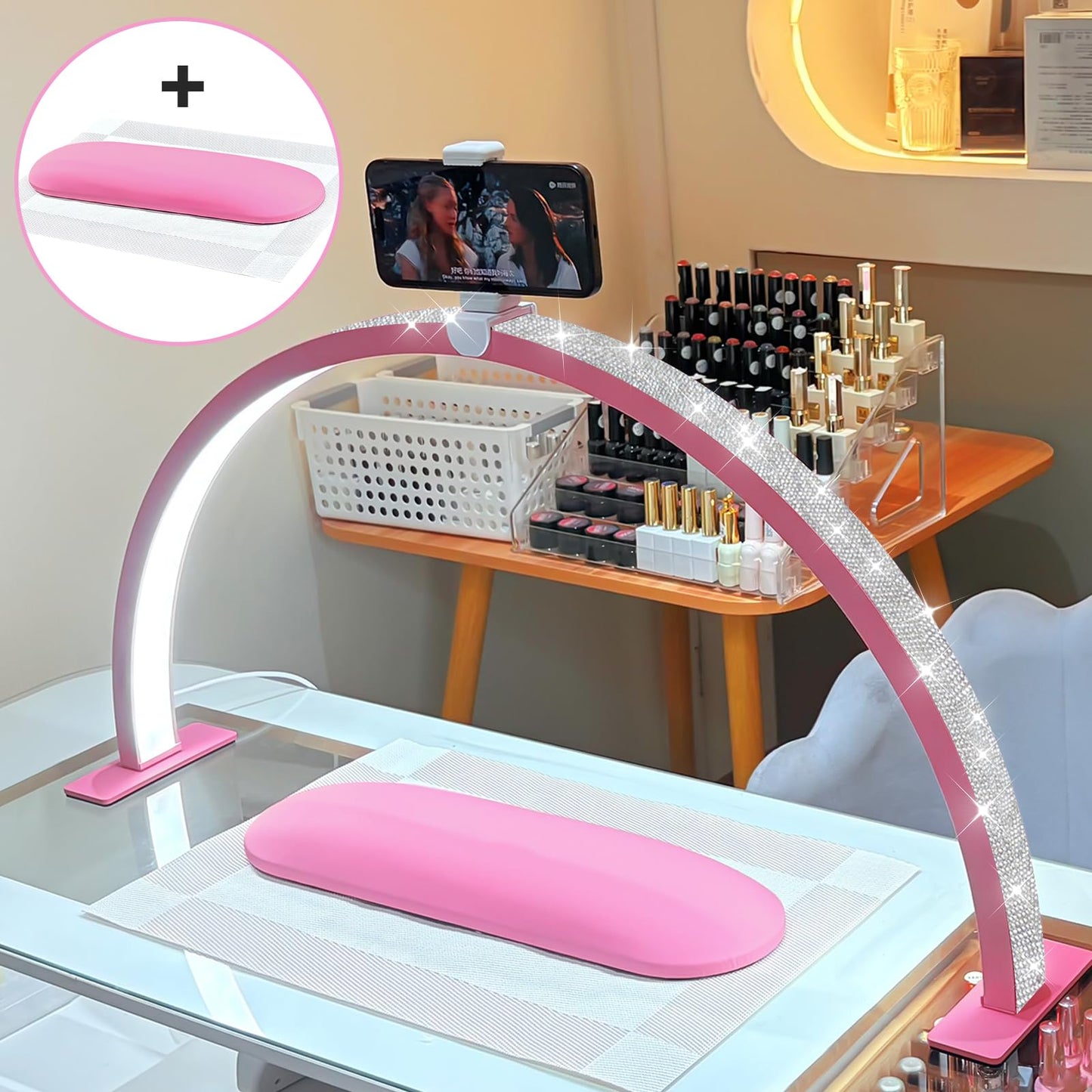 FFKJDM Nail Desk Light, 48W LED, 29-inch Half Moon, Color Temperature 3000K-6000K, Pink