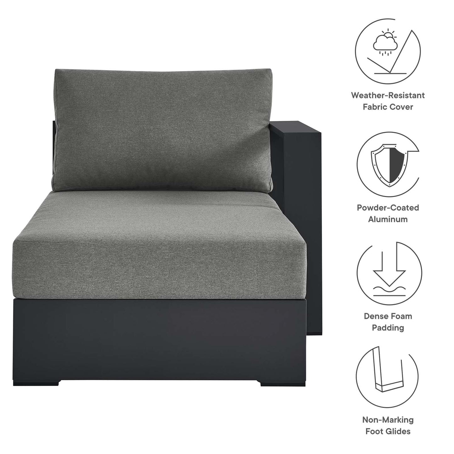 Modway Tahoe Powder-Coated Aluminum Outdoor Chaise Lounge in Gray Charcoal with Weather-Resistant Cushions, Modular Right-Facing Patio Lounger for Pool Furniture or Sectional Sofa Set