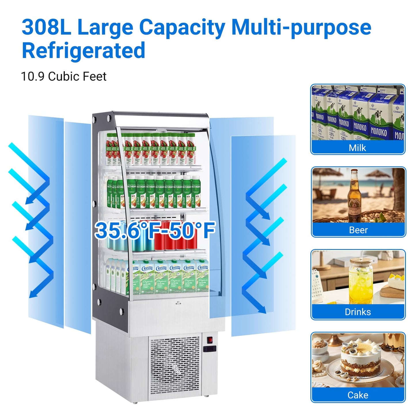 Professional 8.8 Cu.Ft Commercial Display Refrigerator Merchandiser, 3-Tier Air Curtain Fridge with LED Lights, 4 Swivel Wheels & Adjustable Shelves for Restaurants, Convenience Stores & Cafes