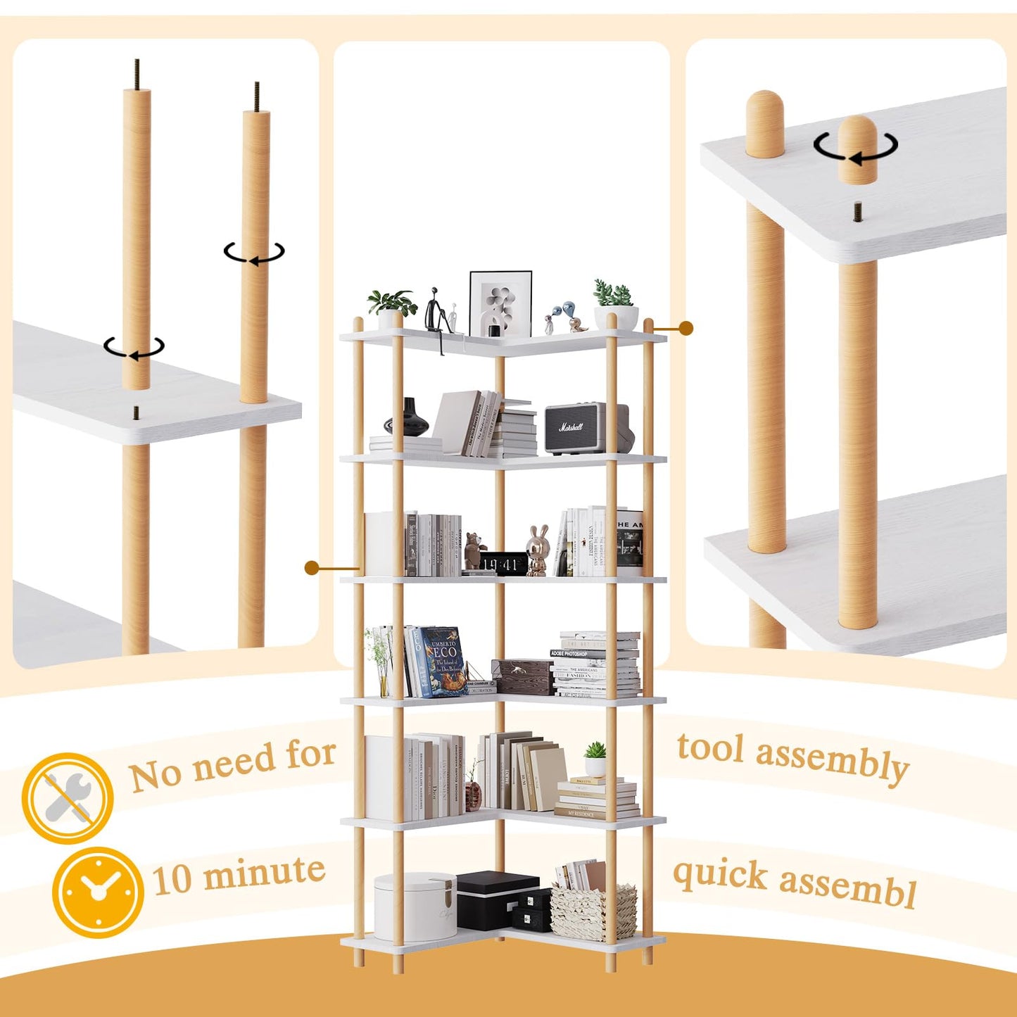 5-Tier White Corner Bookshelf with Solid Beech Wood Poles, 70.8" Tall Easy-Assembly Corner Shelf Unit, Free-Standing Bookcase for Living Room Bedroom Home Office, Space-Saving Corner Storage Solution