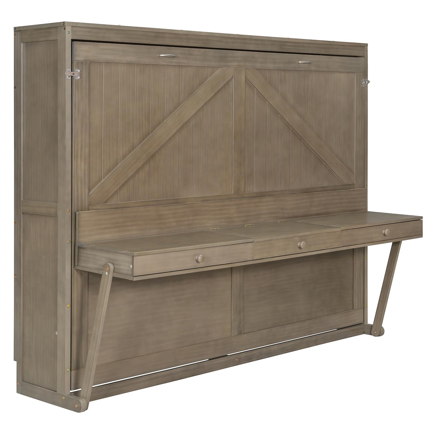 Merax Queen Size Murphy Bed with Vanity Desk, Foldable Murphy Cabinet Bed with Center Mirror and 2 Side Storage Drawers, Solid Wood Space-Saving Hidden Wall Bed Cabinet for Guest Room Office, Gray