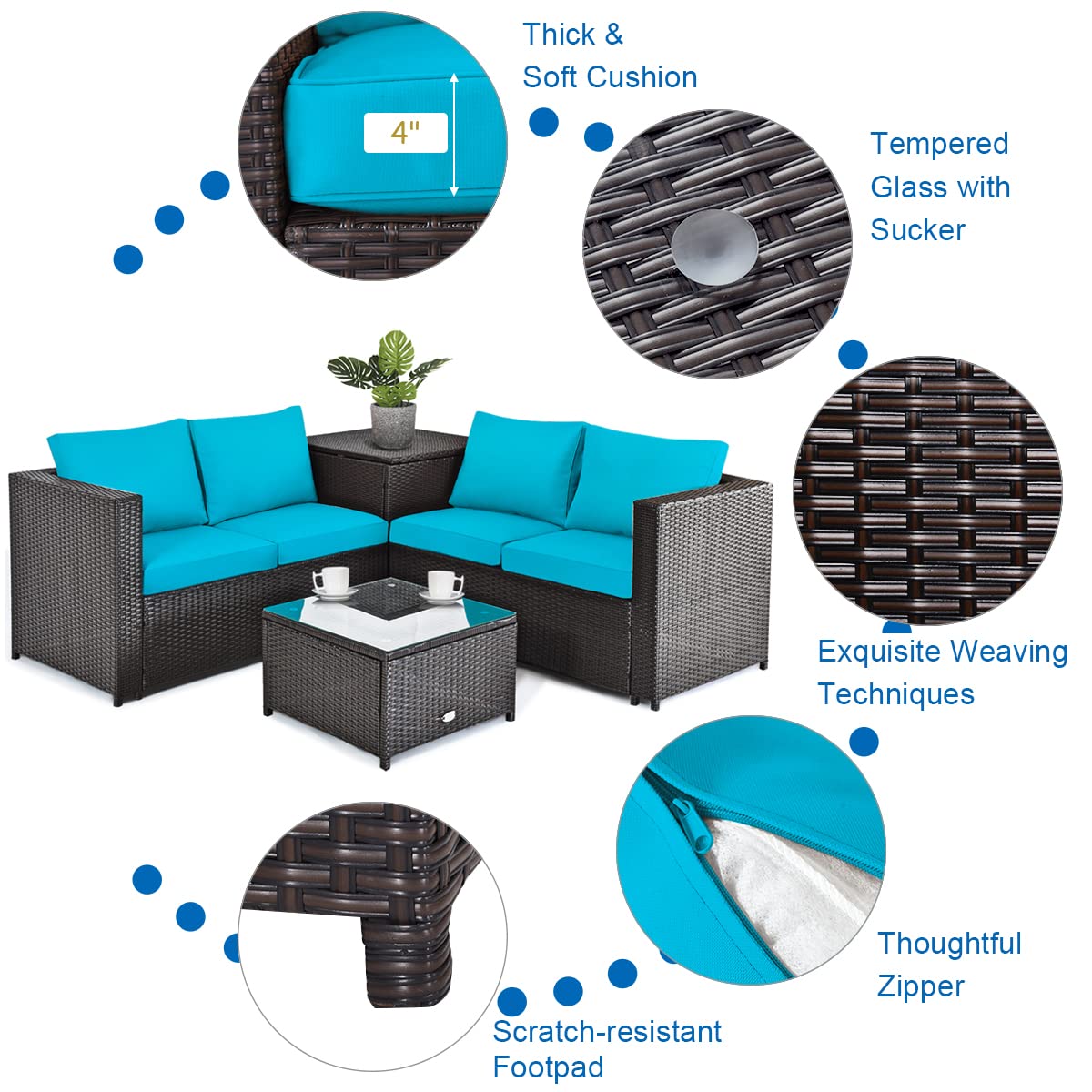 Tangkula 5 Piece Patio Furniture Set with 30 Inches 50,000 BTU Gas Fire Pit Table, Outdoor Wicker Conversation Sectional Sofa Set with Storage Box and Coffee Table, for Poolside, Deck (Turquoise)