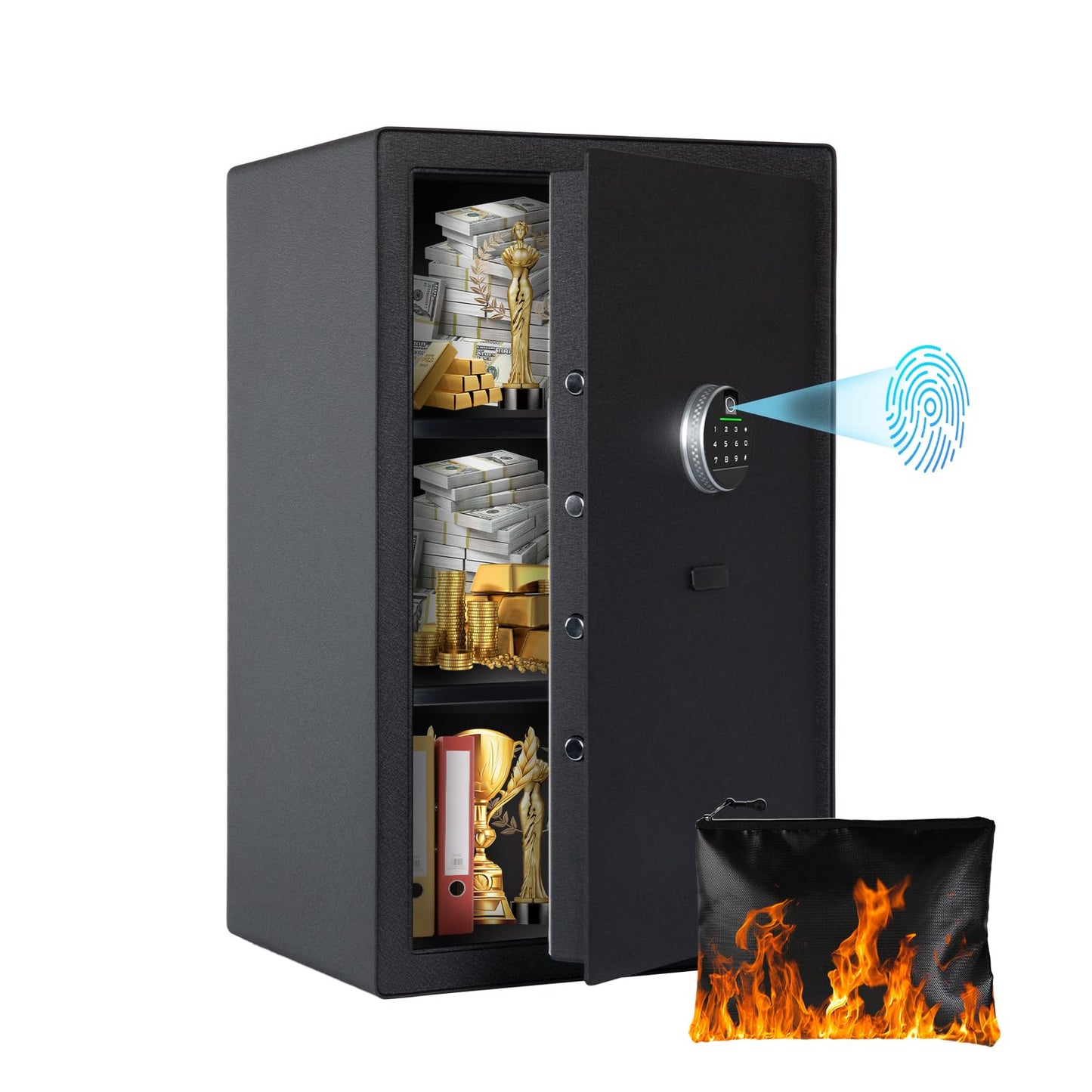 4.7 Cu.Ft Large Home Safe,with Fireproof Waterproof Bag, Heavy Duty Fingerprint Security Safe, Built-In Drawer and Removable Shelf for Storing Valuables