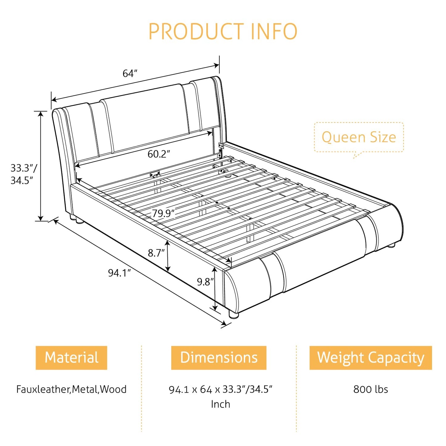 SHA CERLIN Modern Faux Leather Queen Bed Frame with Adjustable Headboard and Iron Accents, Deluxe Upholstered Platform Bed with Solid Wooden Slats Support/No Box Spring Needed, Black