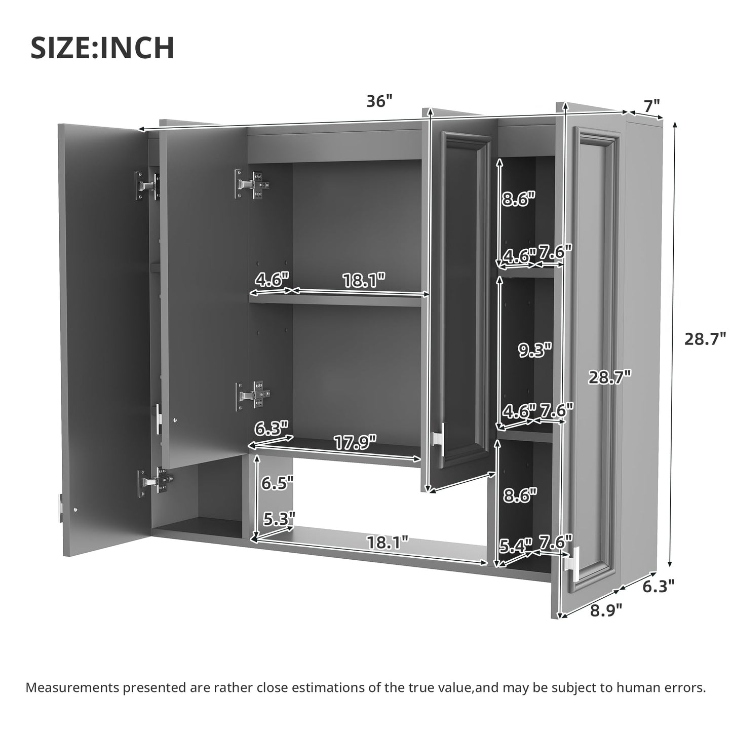 Marzzi 36" x 28" Bathroom Medicine Cabinet with Open Shelf, Wall Mounted Bathroom Storage Cabinet with Adjustable Shelves, Over The Toilet Wall Cabinet, Painted Finish