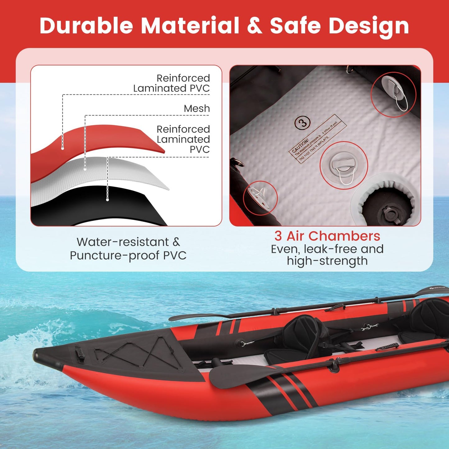 GYMAX Inflatable Kayak, 12.5Ft 507lbs Tandem Kayak with 2 Aluminum Paddles, 2 Padded Seats, Footrests, 2 Fins, Hand Pump, Carry Bag & Repair Kit, 2 Person Fishing Touring Kayak for Adults Youth (Red)