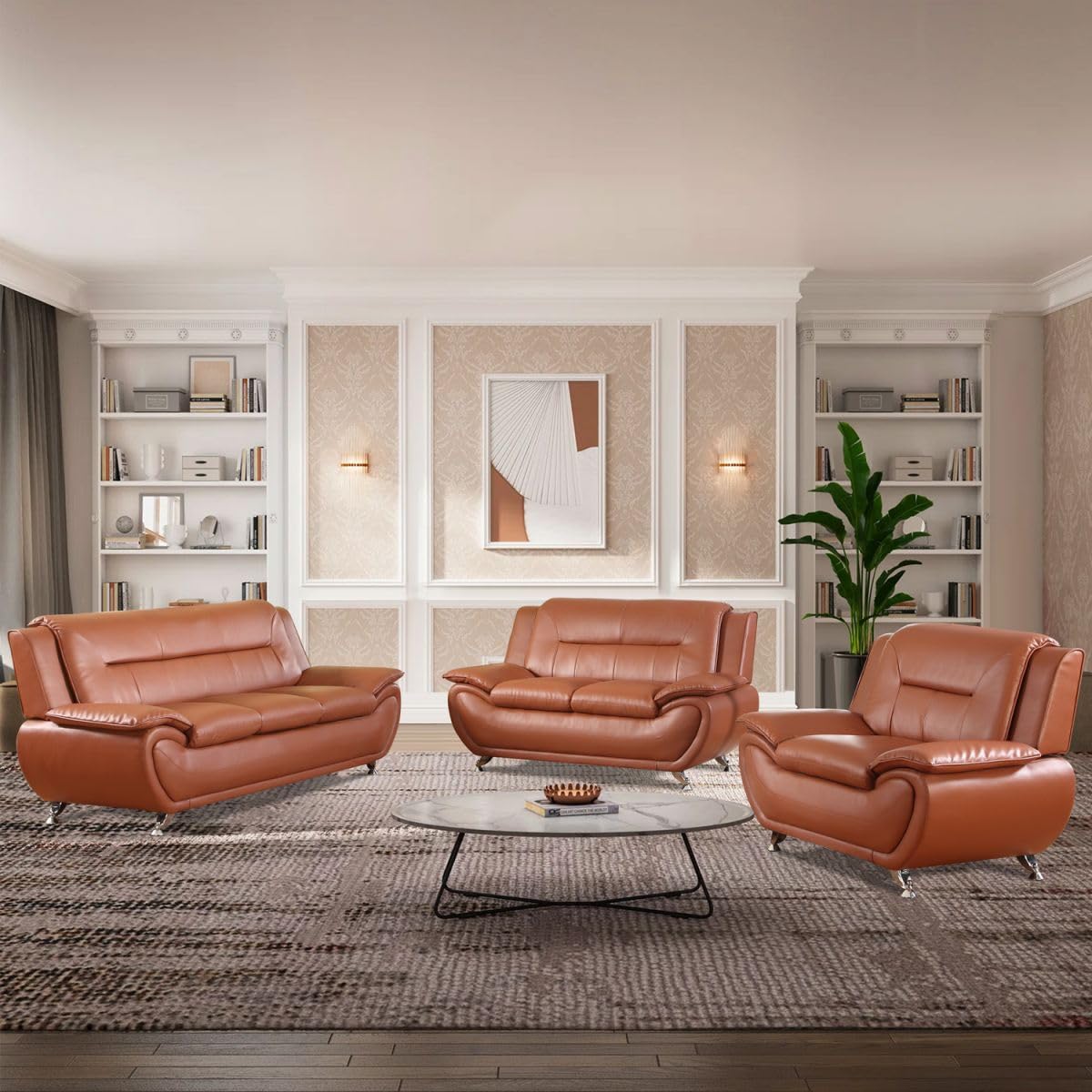 UOCFYK Lounge Comfy Faux Leather Sofa Modern Couch for Small Living Room/Dorm/Bedroom/Office/Apartment for Small Spaces, (Orange, Three-Person Seat)