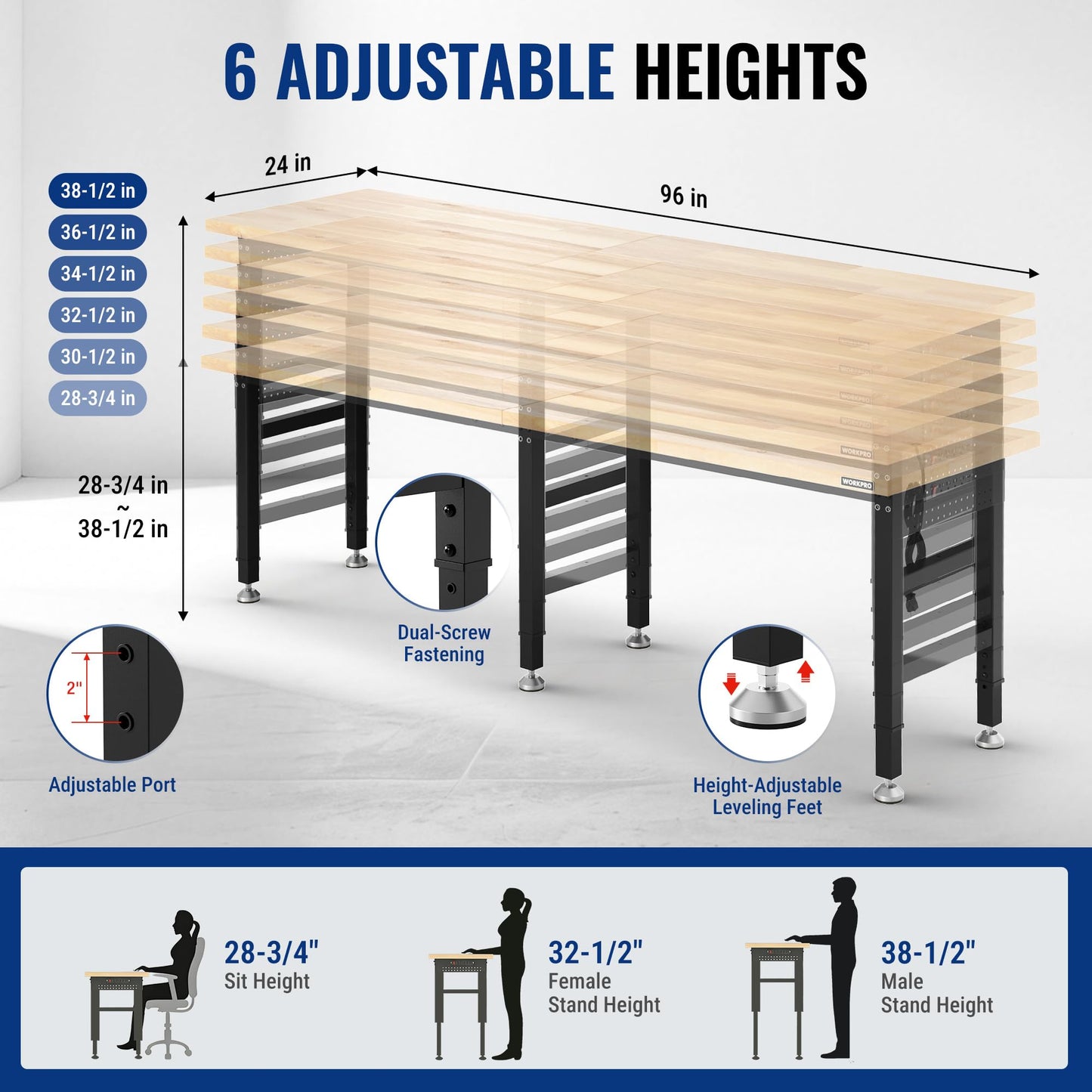 WORKPRO 96" Adjustable Workbench, Power Outlet & Pegboard, 4000LBS Capacity