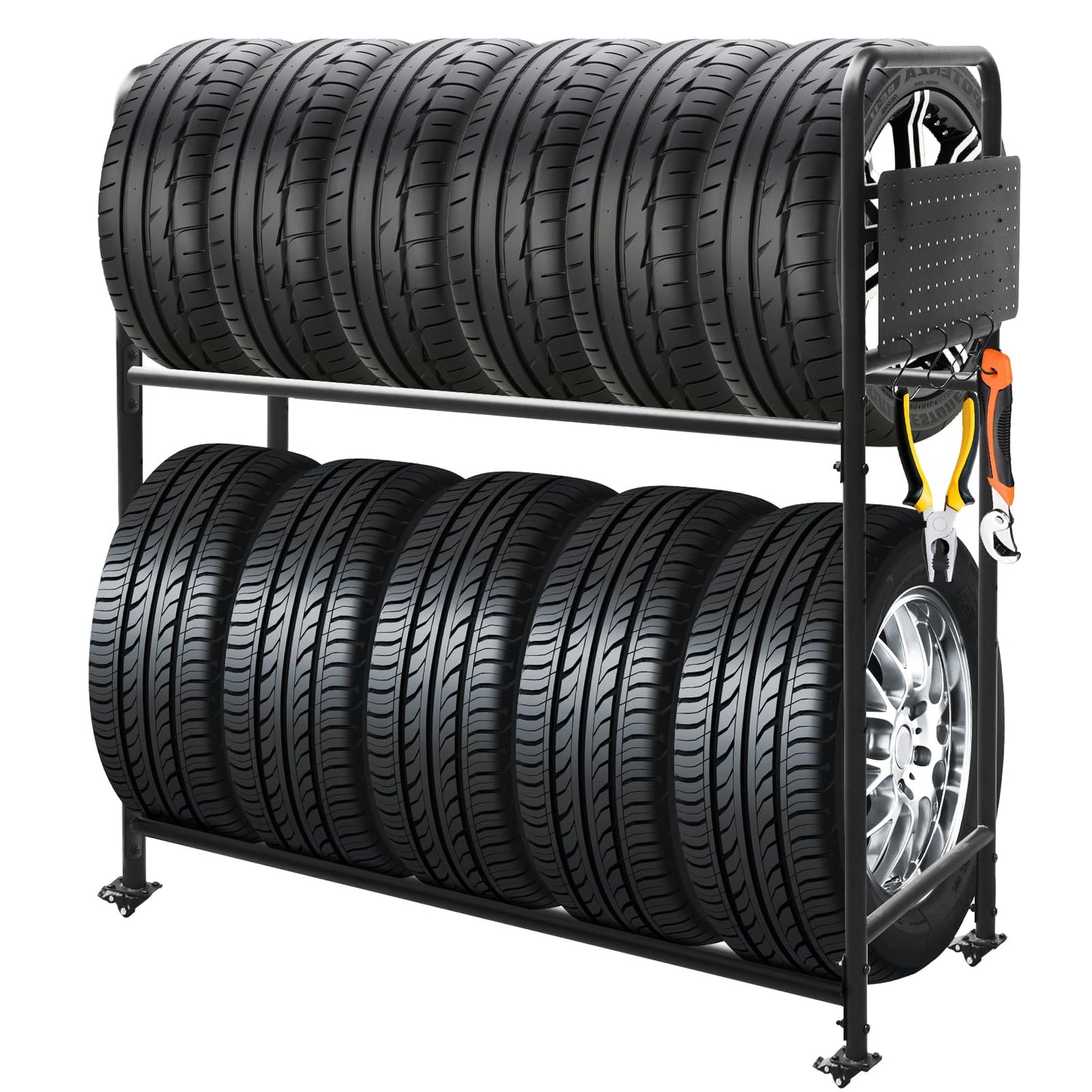 ZUIWAN Rolling Tire Rack for Garage, Adjustable Metal Tire Rack with Foldable Heavy-Duty Hole Board, 4 Self-Locking Swivel Casters, 59” Height, 660 Pound Capacity