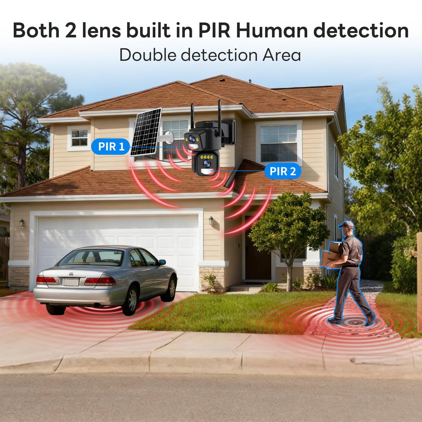 LETSCEE Dual Lens Security Cameras Wireless Outdoor，Solar Cameras for Home Security，Motion Detection,Night Vision,No Month Fee,IP65 Water Proof