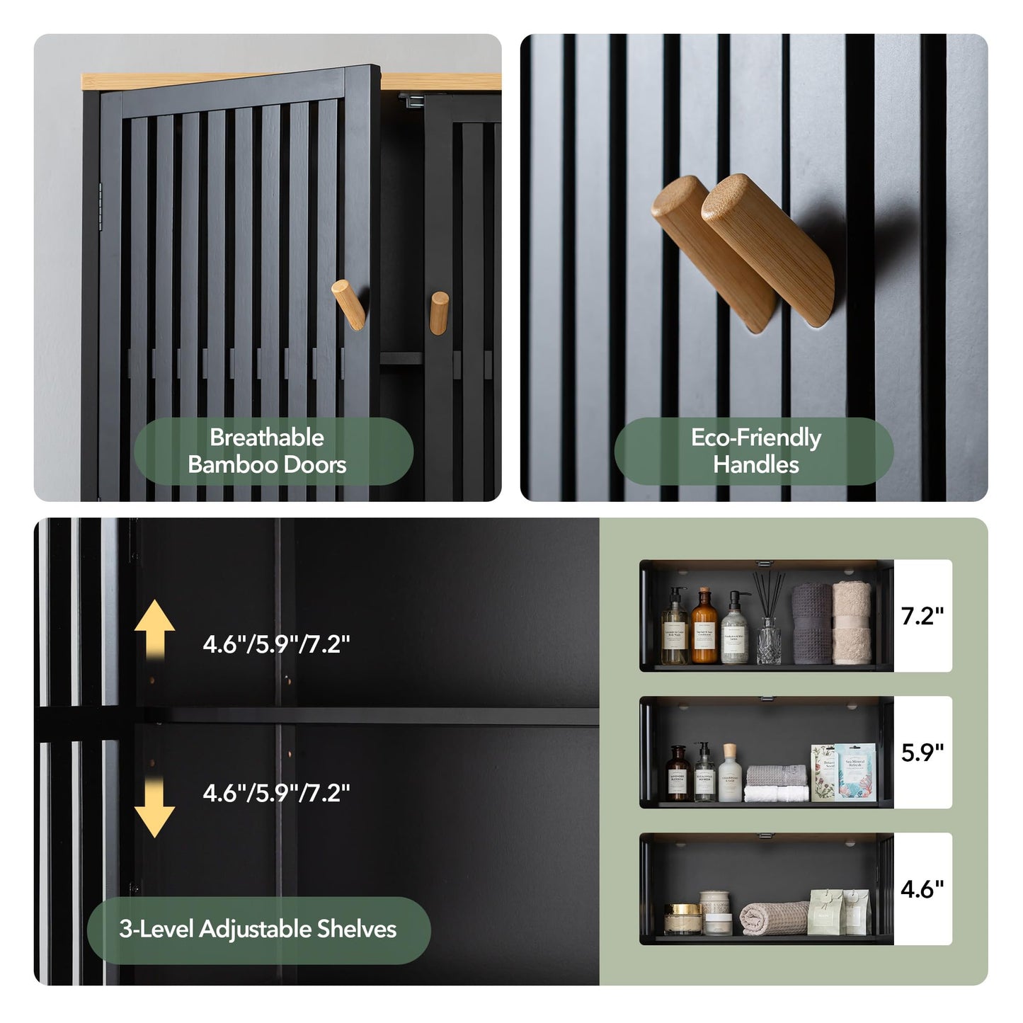 Over The Toilet Storage Cabinet with Breathable Bamboo Doors, 3-Tier Bathroom Organizer Above Toilet, Freestanding Space Saver Rack with Adjustable Bottom Bar & Shelf, 24" x 70", Black & Natural