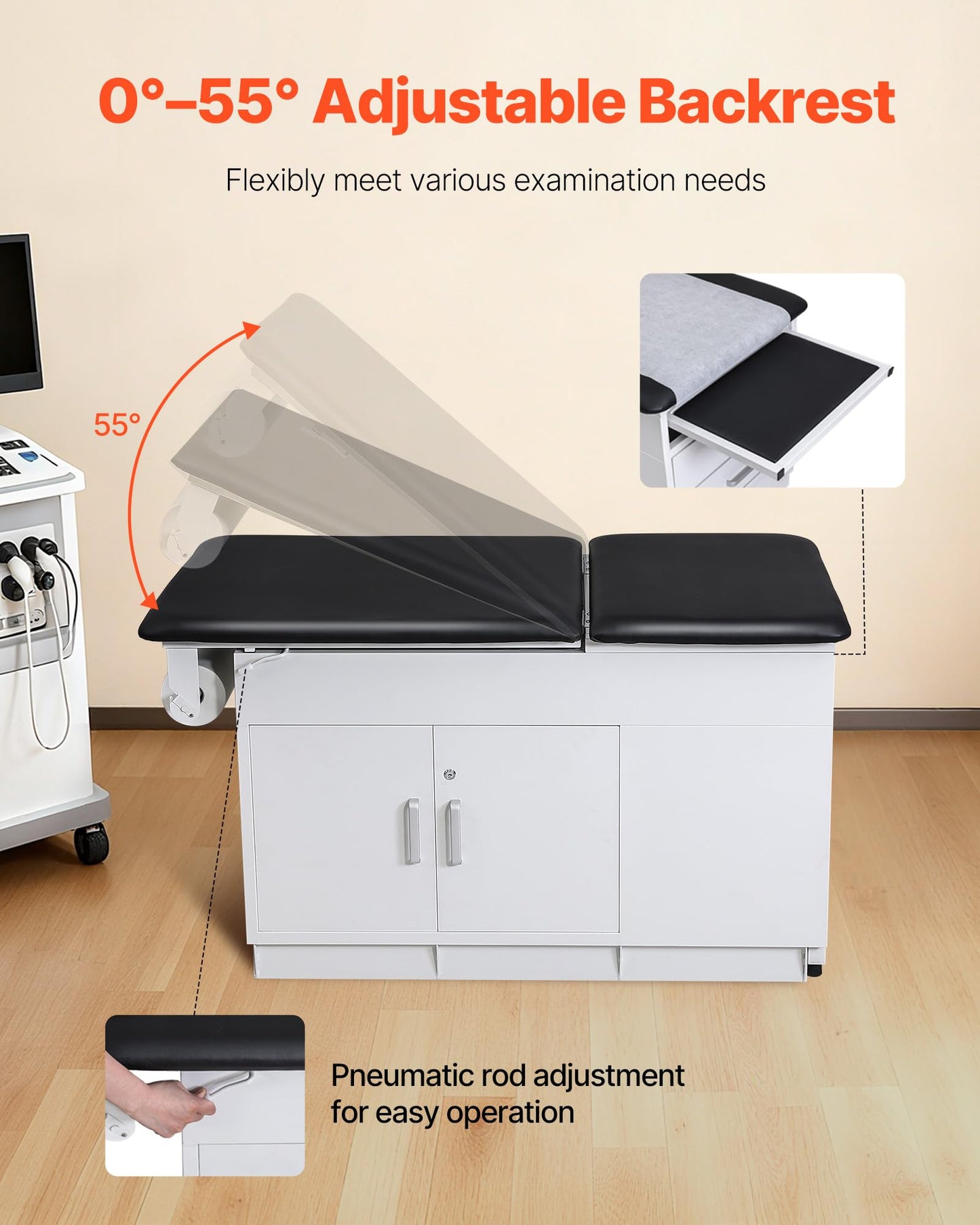 VEVOR Pro Medical Exam Table, Medical Examination Bed with Adjustable Backrest, Physical Therapy Exam Table with Locking Cabinet, 2 Drawers, Paper Roll Dispenser, Step Stool & Leg Rest, 500LBS Loading