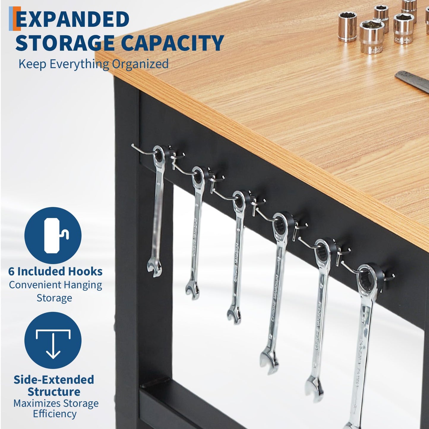 72" Adjustable Workbench for Garage 2500LB Cap Rubberwood Top Power Strip