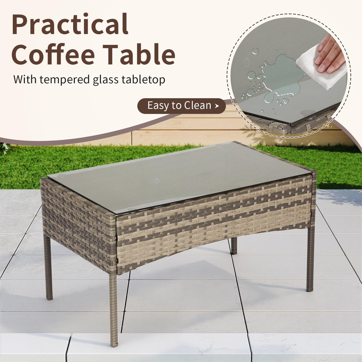FDW Outdoor Patio Furniture Set Wicker Patio Set PE Rattan Furniture Bistro Set for Outdoor Indoor Use with Loveseats Coffee Table, Khaki Cushions, 4 Pieces