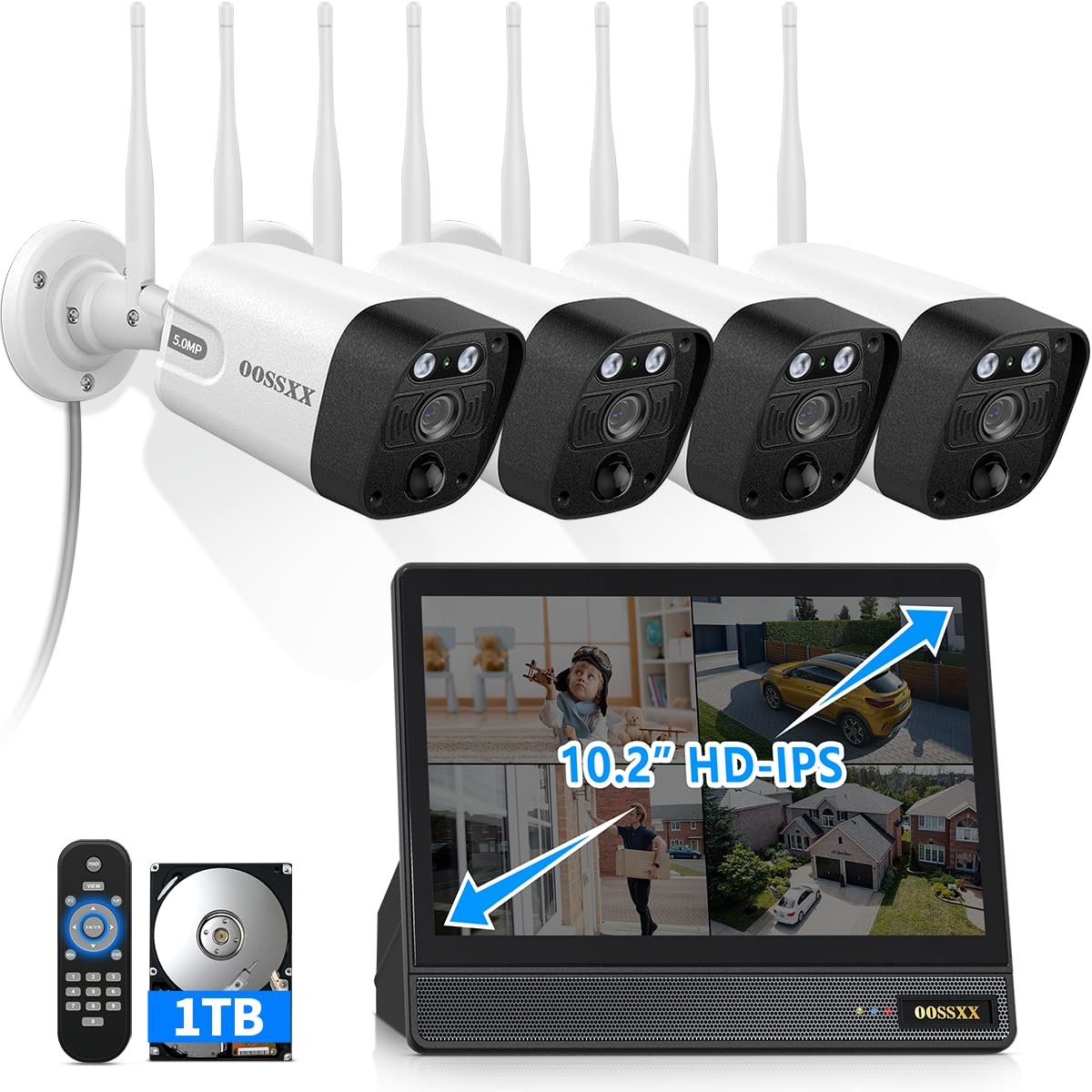 (2026 Updated) 5MP Wireless Security Camera System with 10CH NVR & 10" IPS Monitor, 4 Dual-Antenna Cameras, Dual-Band WiFi, 2-Way Audio, IP66 Waterproof, 1TB HDD, Free App