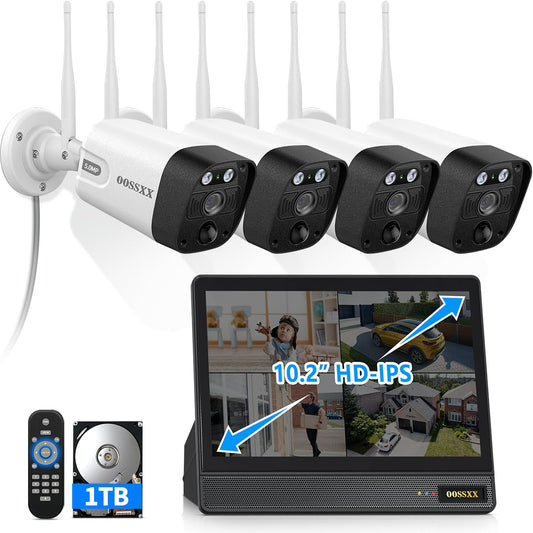 (2026 Updated) 5MP Wireless Security Camera System with 10CH NVR & 10" IPS Monitor, 4 Dual-Antenna Cameras, Dual-Band WiFi, 2-Way Audio, IP66 Waterproof, 1TB HDD, Free App