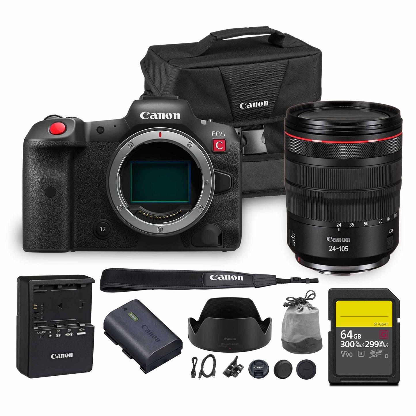 Canon EOS R5 C Mirrorless Cinema Camera 45MP Full Frame 8K RAW Video Dual Pixel AF Hybrid Photography Filmmaking Camera (5077C002) + Canon RF 24-105mm f/4L is USM Lens + 64GB Card + Bag