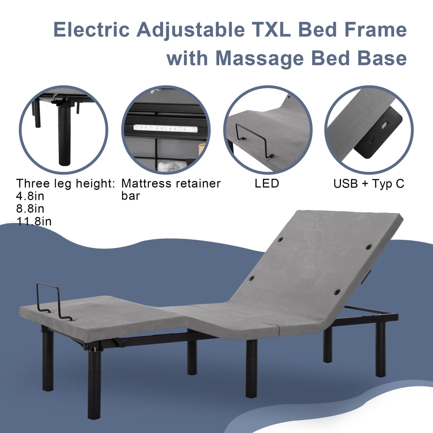 Fromann Adjustable Electric Twin XL Bed Base Frame with Massage, USB Type-C Ports, Zero Gravity, Under Bed Led Lighting and Three Leg Height (with Synchronization Connector) (Grey)