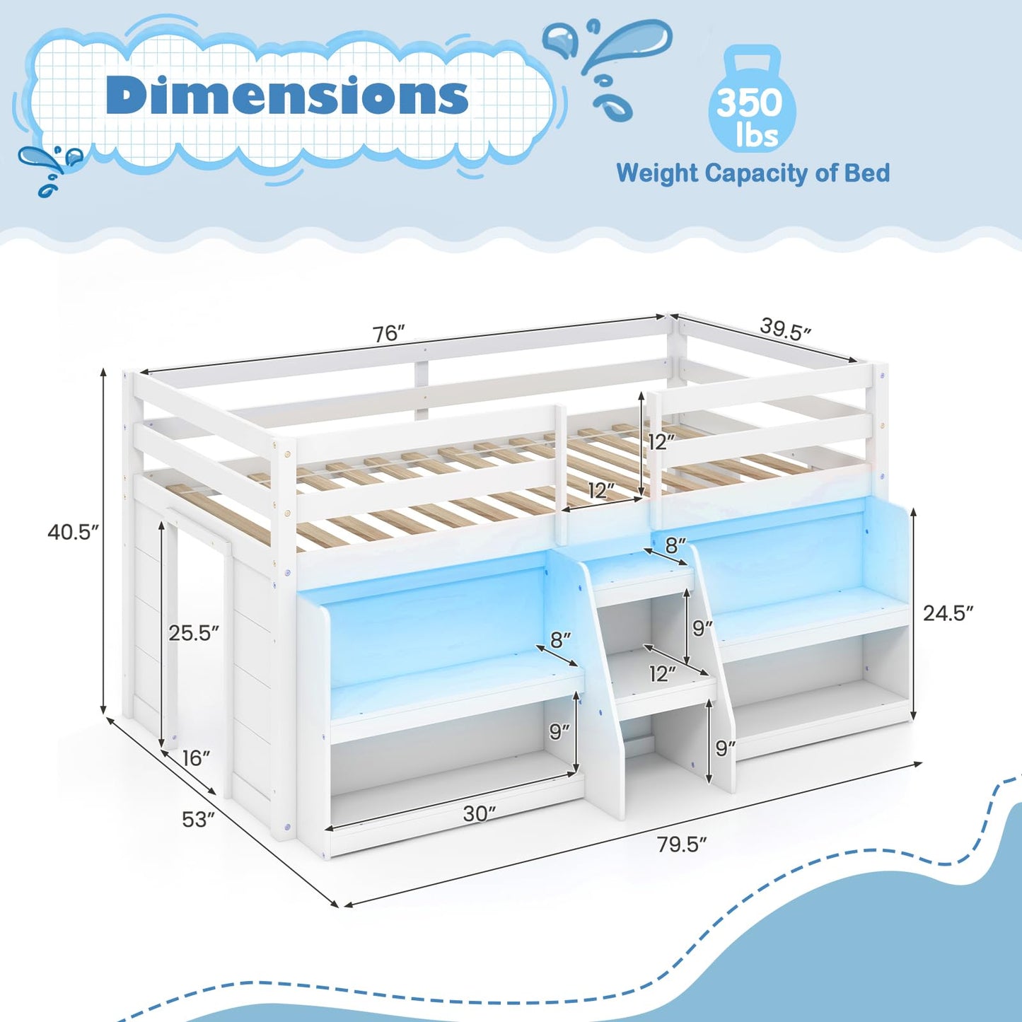 KOMFOTT Low Loft Bed with LED Light & 2 Bookcases, Wood Kids Twin Bed with Under-Bed Play Space, Stairs & Guardrails, No Box Spring Needed, Modern Low Loft Bed Frame, White