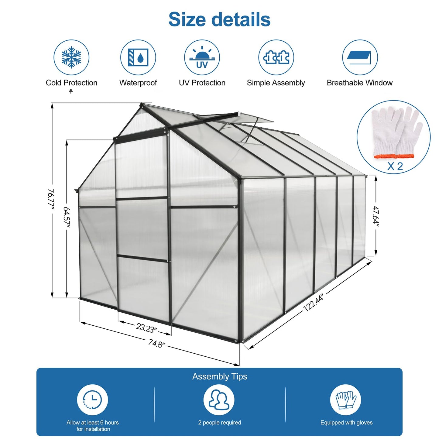 KEIKI 6x10 FT Polycarbonate Greenhouse with Aluminum Frame,Raised Base and Roof Vent,Walk-in Greenhouses for Patio Garden